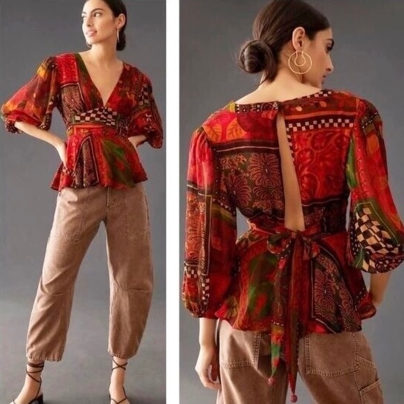 NWT Farm Rio x Anthropologie Lined Blouse Size M Red V Neck Tie Beaded Tassels - Picture 1 of 12